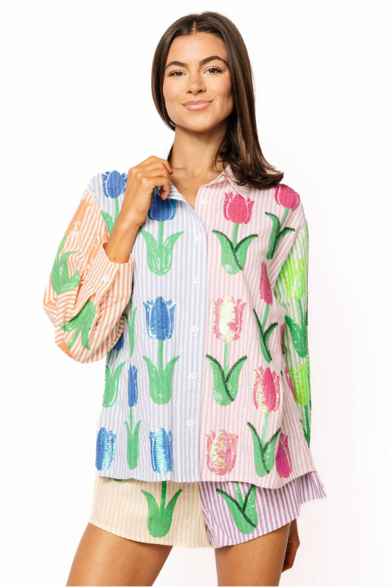 Striped Colorblock Sequin Tulip Cotton ShortWomen - Bottoms - ShortsQueen of SparklesThe Printed Peach Savannah