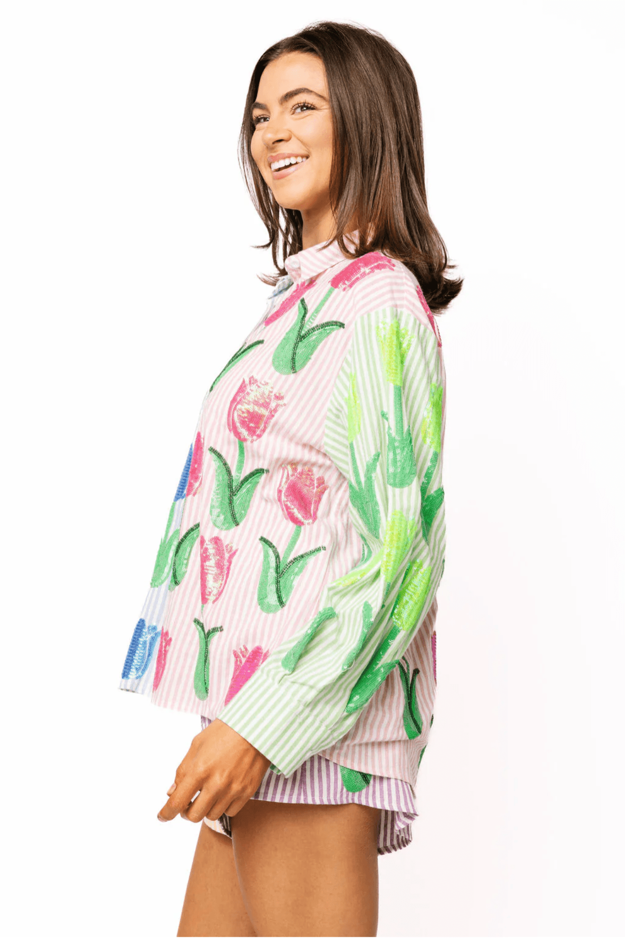 Striped Colorblock Sequin Tulip Cotton ShortWomen - Bottoms - ShortsQueen of SparklesThe Printed Peach Savannah