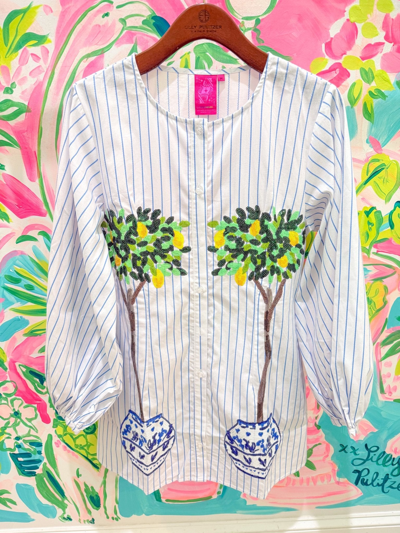 Striped Lemon Tree in Pot Button Up DressQueen of SparklesThe Printed Peach Savannah