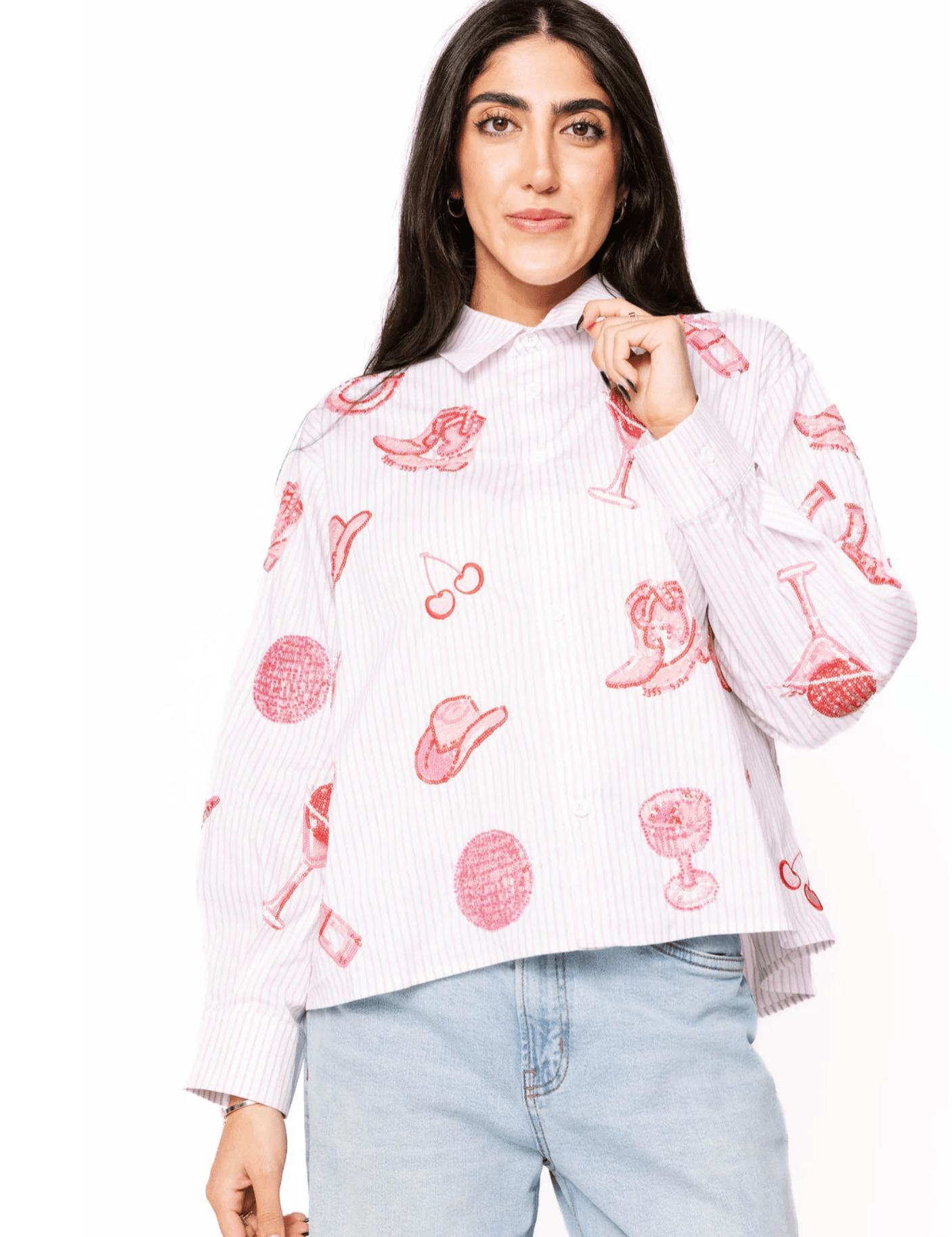 Striped Pink Disco Cowgirl Icon Collared TopWomen - Tops - Tunics & ShirtsQueen of SparklesThe Printed Peach Savannah