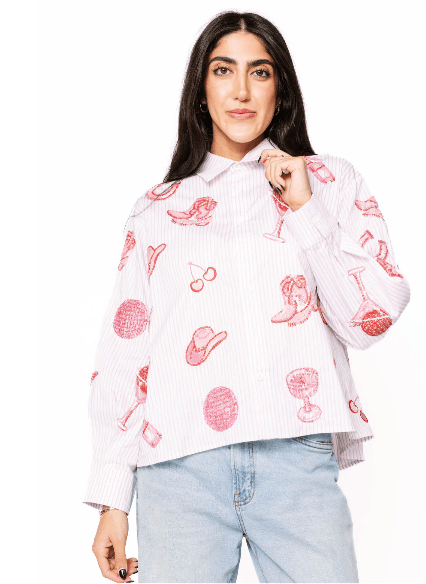 Striped Pink Disco Cowgirl Icon Collared TopWomen - Tops - Tunics & ShirtsQueen of SparklesThe Printed Peach Savannah