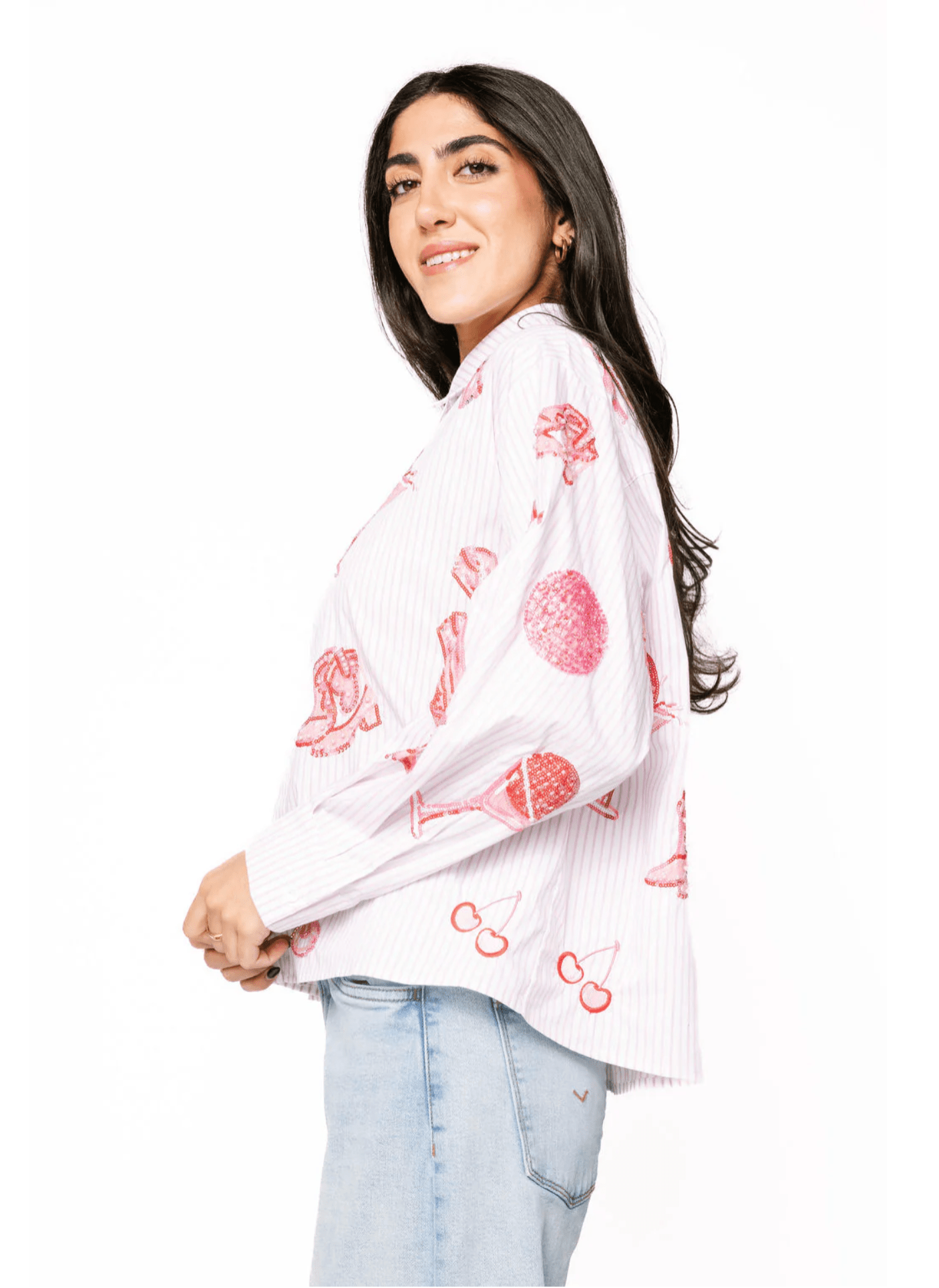 Striped Pink Disco Cowgirl Icon Collared TopWomen - Tops - Tunics & ShirtsQueen of SparklesThe Printed Peach Savannah