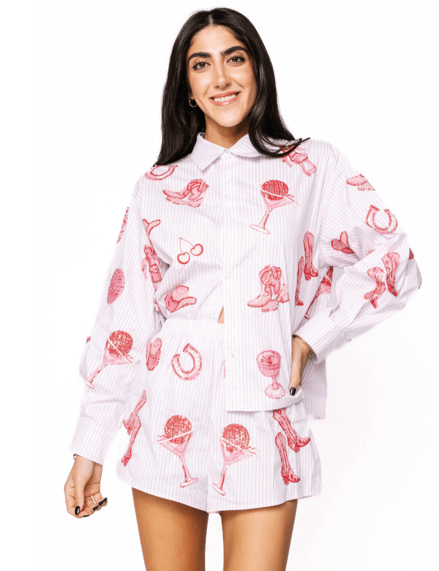Striped Pink Disco Cowgirl Icon Collared TopWomen - Tops - Tunics & ShirtsQueen of SparklesThe Printed Peach Savannah