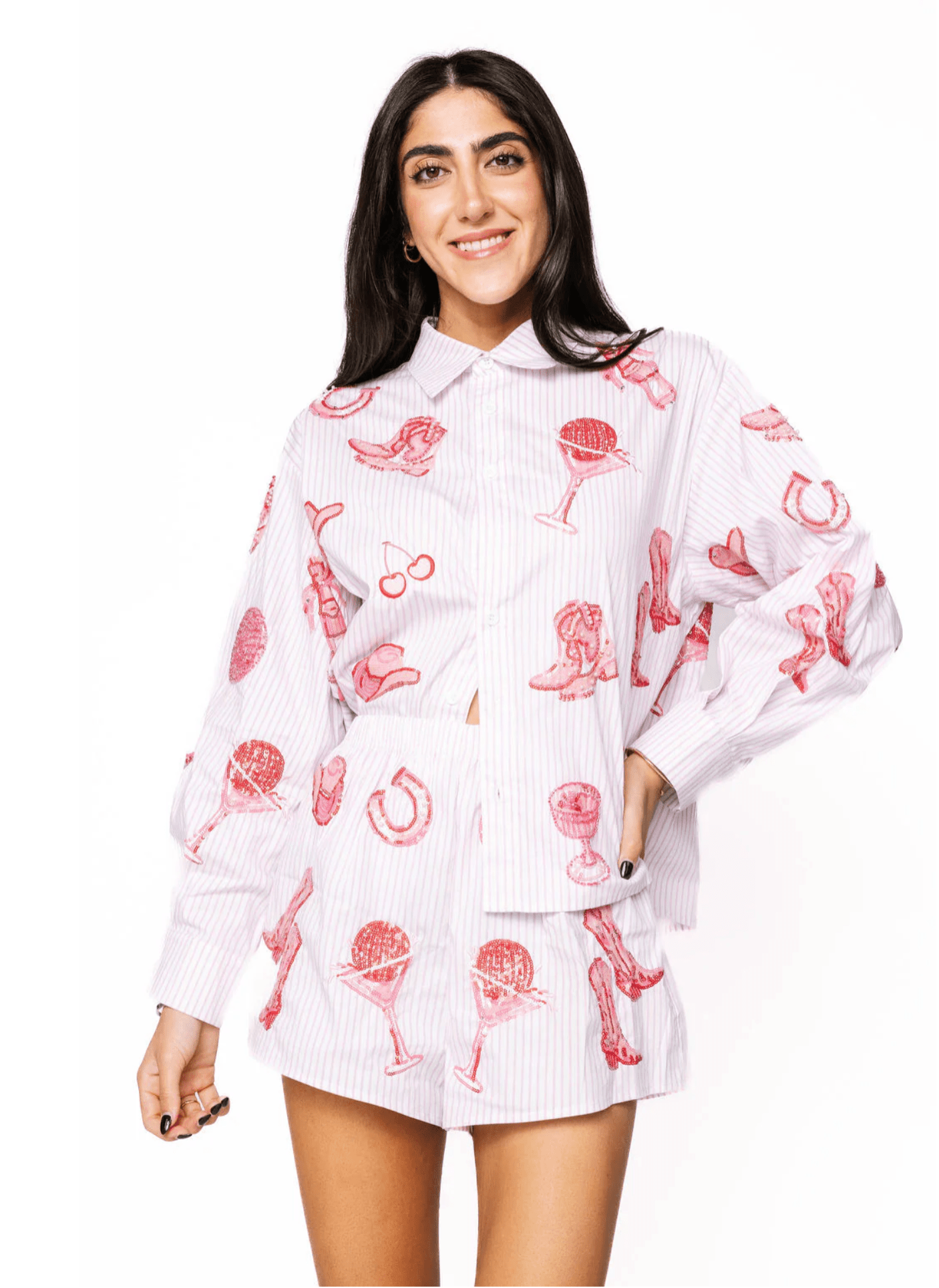 Striped Pink Disco Cowgirl Icon Collared TopWomen - Tops - Tunics & ShirtsQueen of SparklesThe Printed Peach Savannah