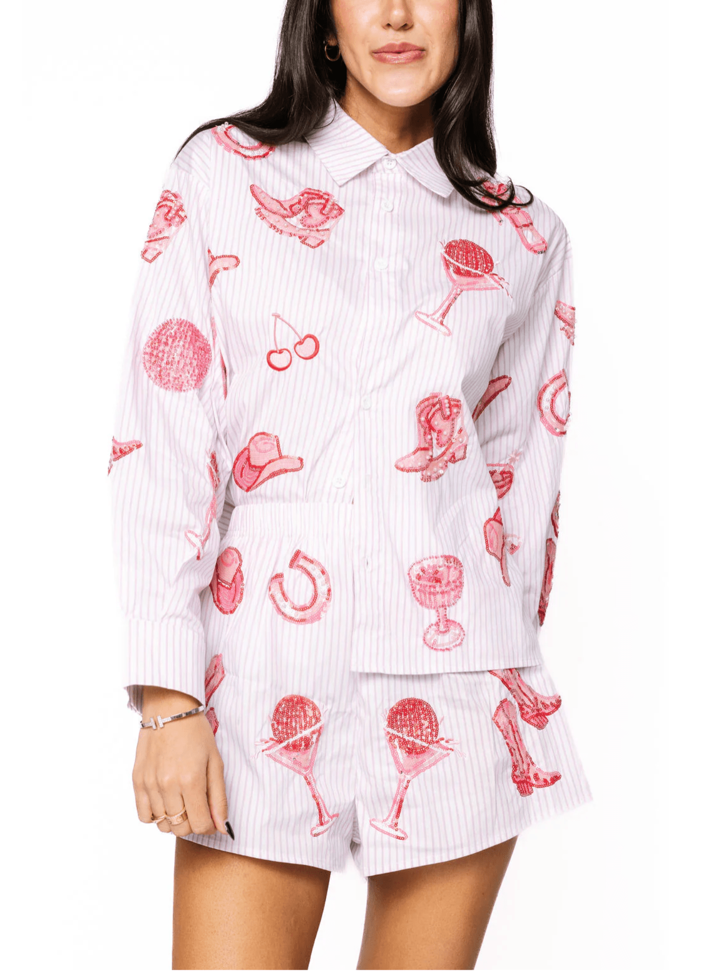 Striped Pink Disco Cowgirl Icon Collared TopWomen - Tops - Tunics & ShirtsQueen of SparklesThe Printed Peach Savannah