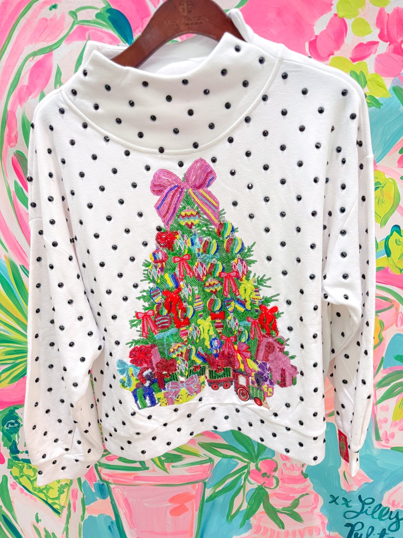White & Black Polka Dot Multi Christmas Tree Mockneck SweatshirtQueen of SparklesThe Printed Peach Savannah