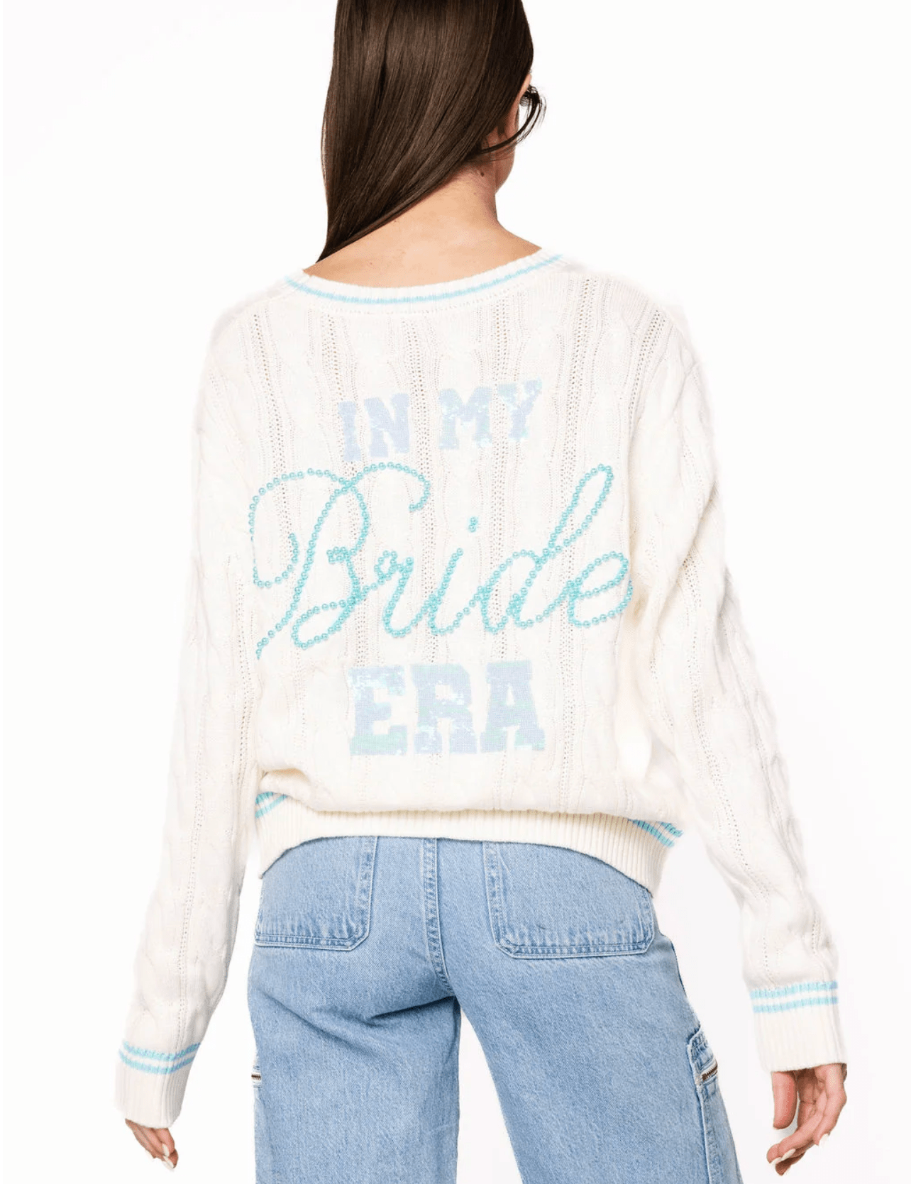 White & Blue 'In My Bride Era' Sequin & Pearl Button Up CardiganWomen - Cardigans & Vests - CardigansQueen of SparklesThe Printed Peach Savannah