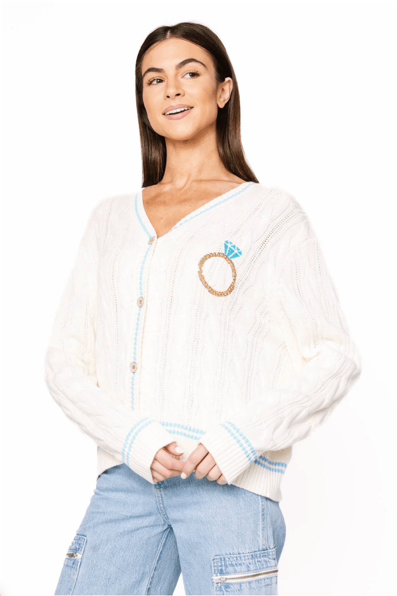 White & Blue 'In My Bride Era' Sequin & Pearl Button Up CardiganWomen - Cardigans & Vests - CardigansQueen of SparklesThe Printed Peach Savannah