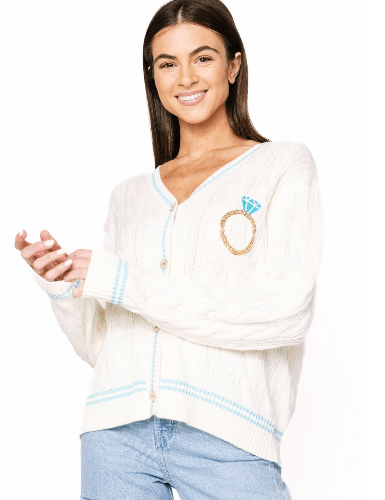 White & Blue 'In My Bride Era' Sequin & Pearl Button Up CardiganWomen - Cardigans & Vests - CardigansQueen of SparklesThe Printed Peach Savannah