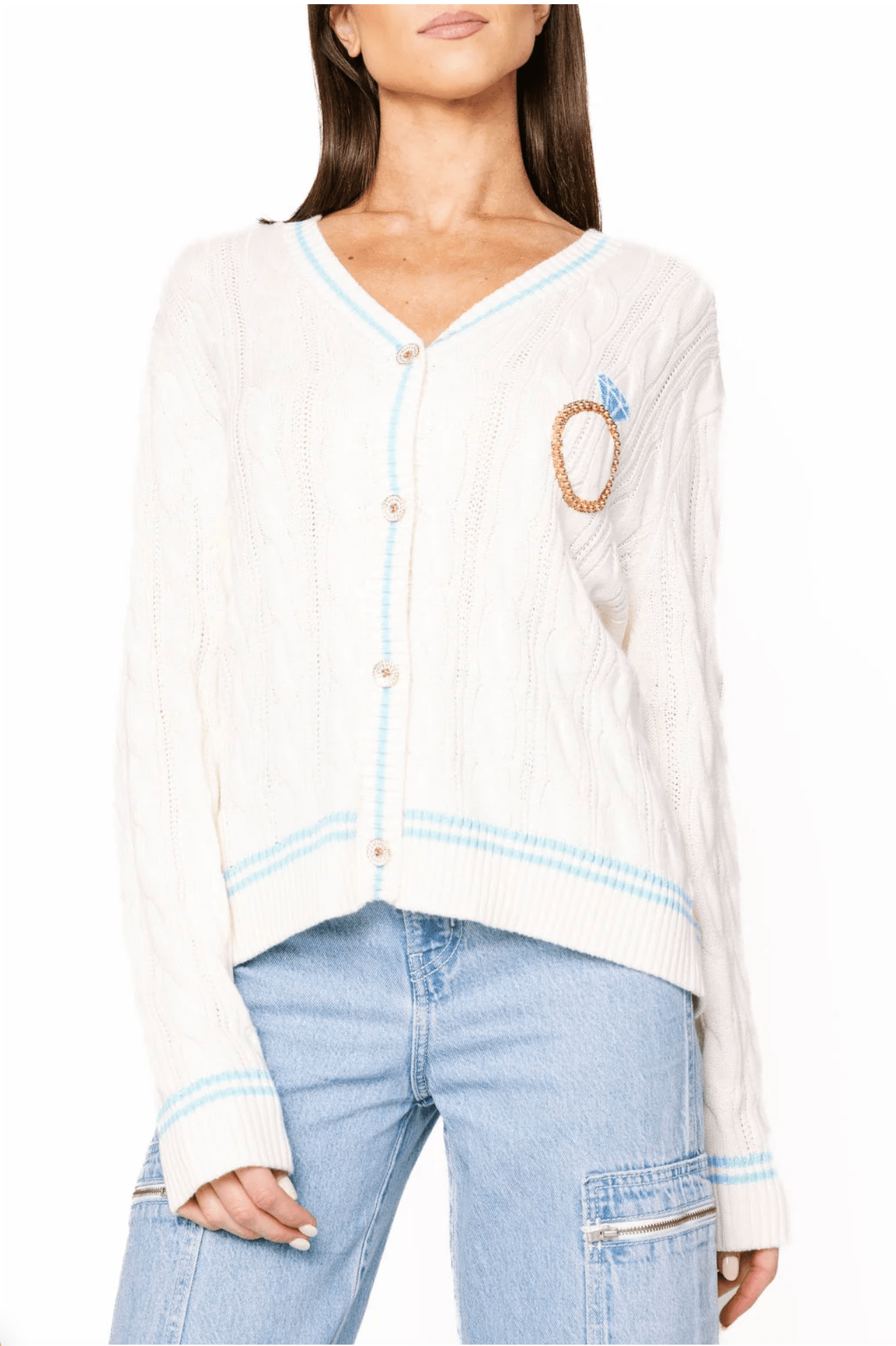 White & Blue 'In My Bride Era' Sequin & Pearl Button Up CardiganWomen - Cardigans & Vests - CardigansQueen of SparklesThe Printed Peach Savannah