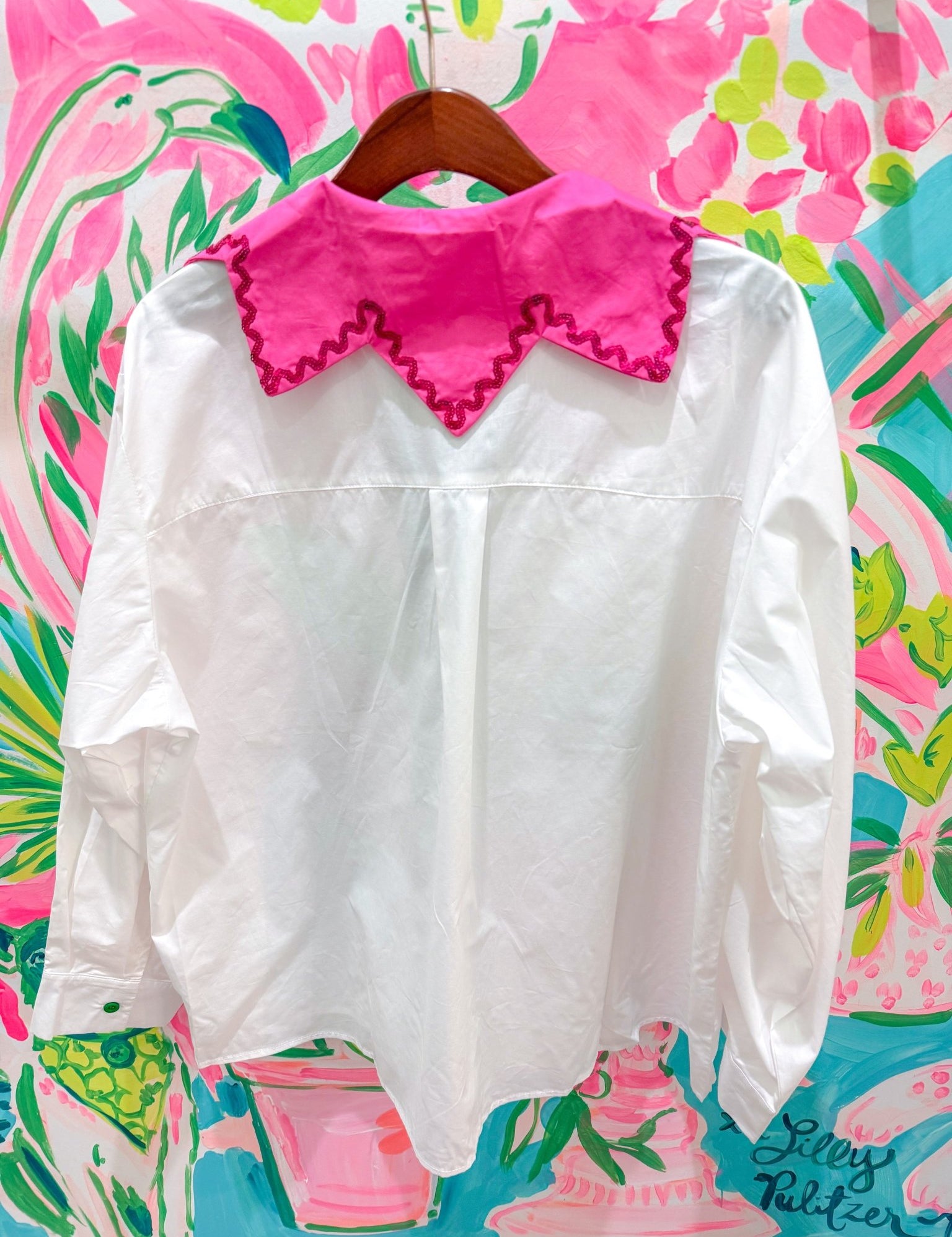 White Button Up Flower Collar Cotton Long Sleeve TopQueen of SparklesThe Printed Peach Savannah
