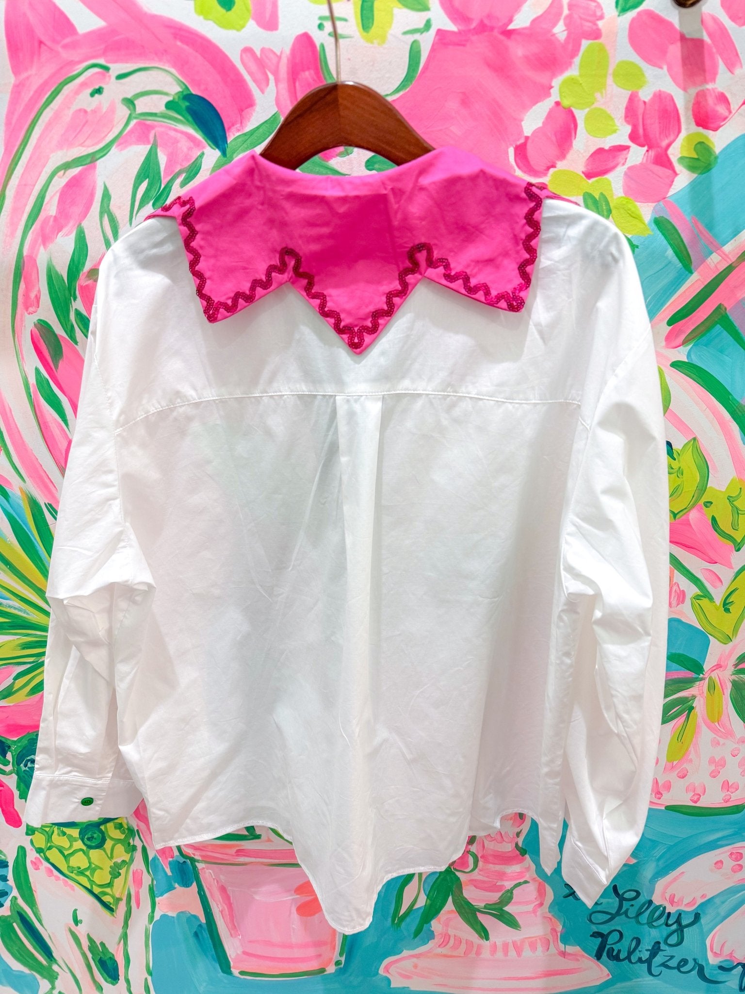 White Button Up Flower Collar Cotton Long Sleeve TopQueen of SparklesThe Printed Peach Savannah