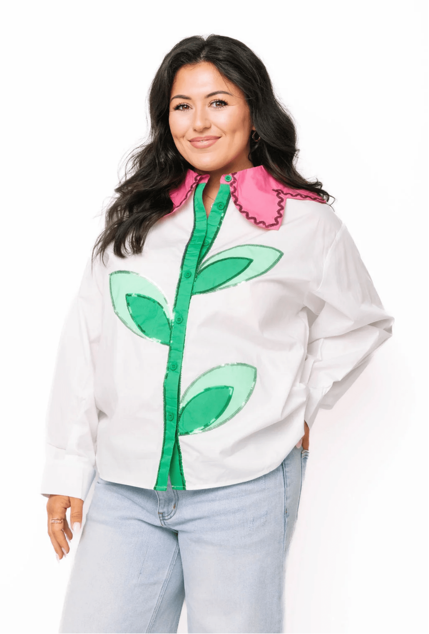 White Button Up Flower Collar Cotton Long Sleeve TopWomen - Tops - BlousesQueen of SparklesThe Printed Peach Savannah