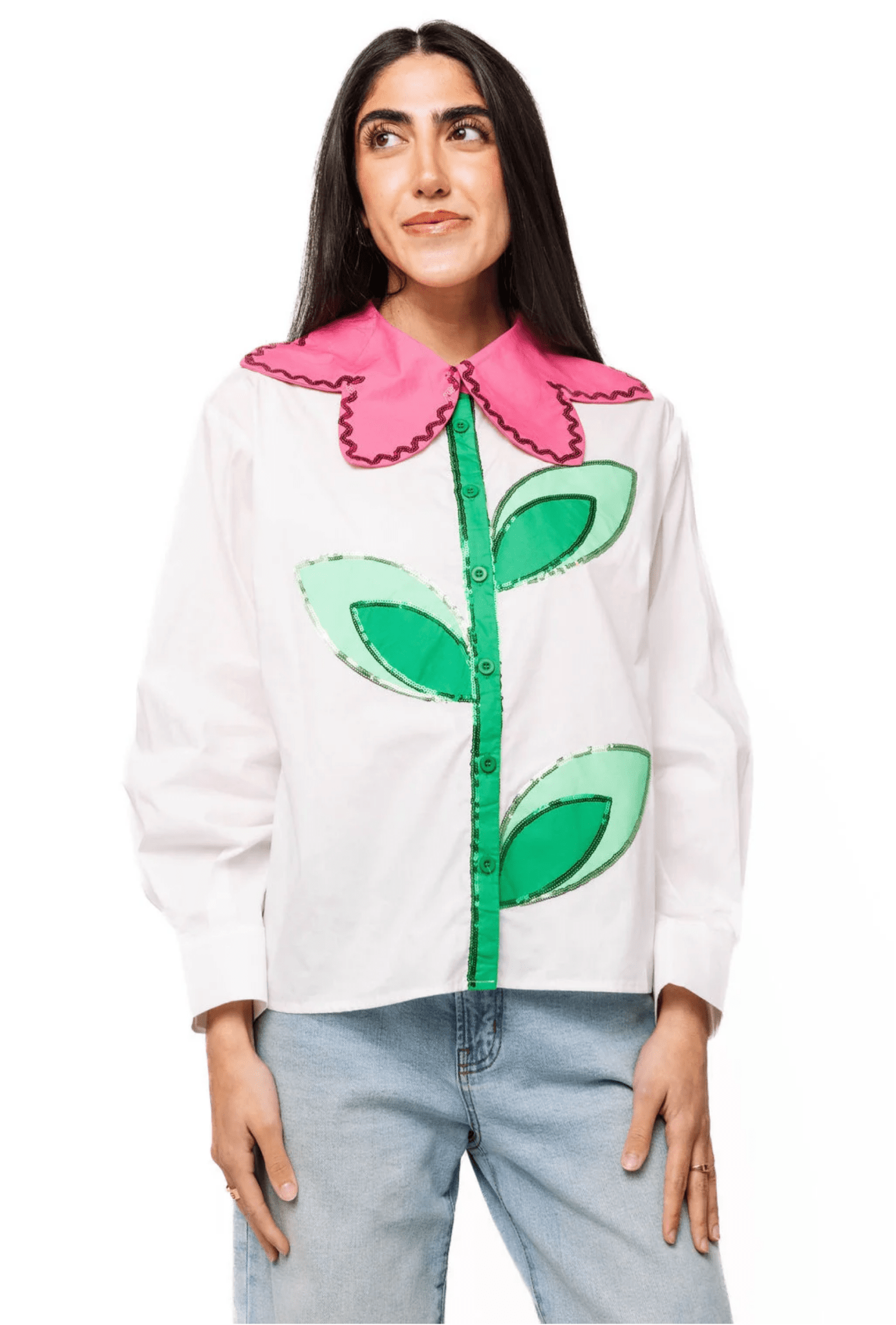 White Button Up Flower Collar Cotton Long Sleeve TopWomen - Tops - BlousesQueen of SparklesThe Printed Peach Savannah