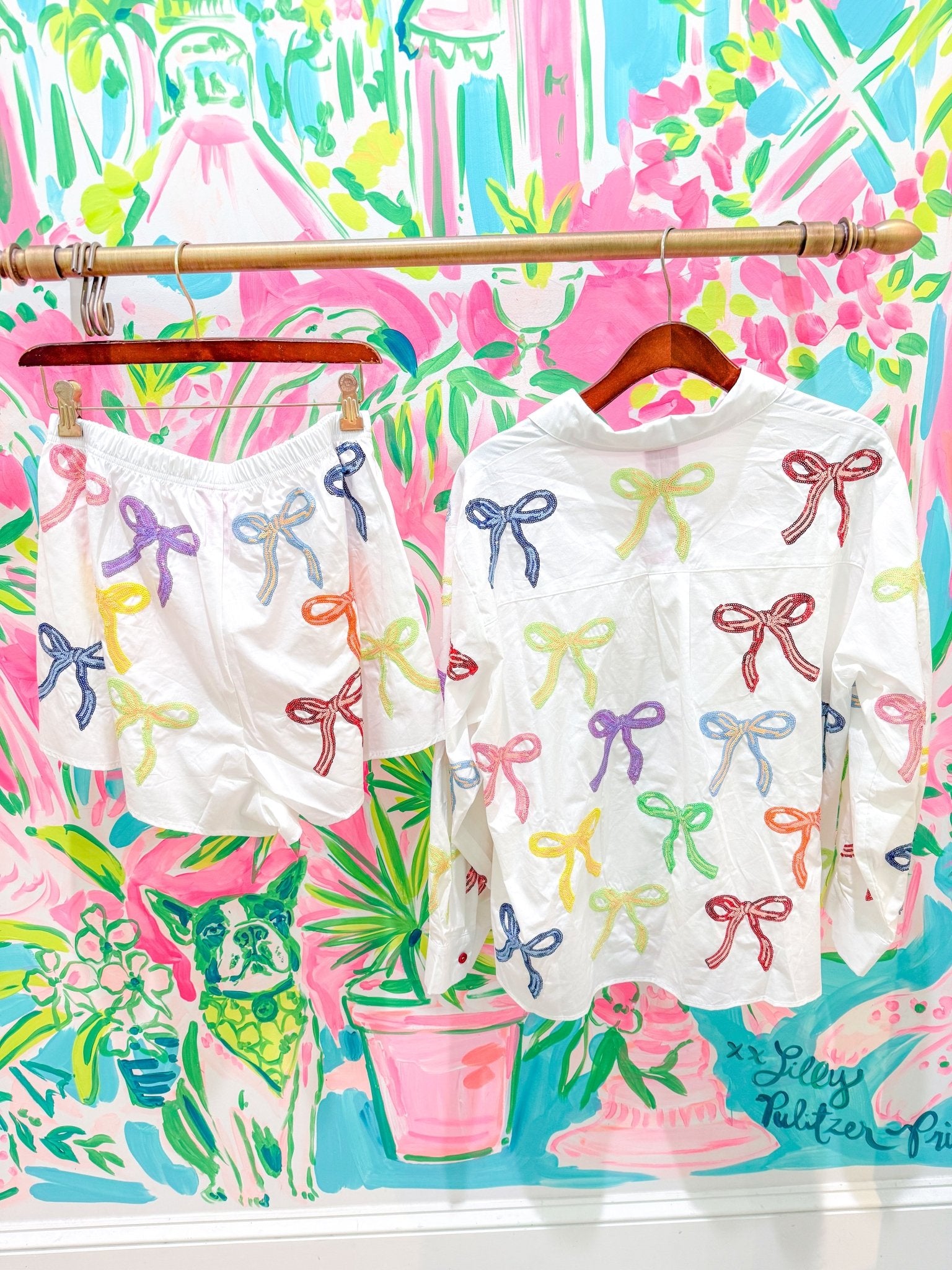 White Cotton Multi Bow Button Up Collar Top and Shorts SetQueen of SparklesThe Printed Peach Savannah