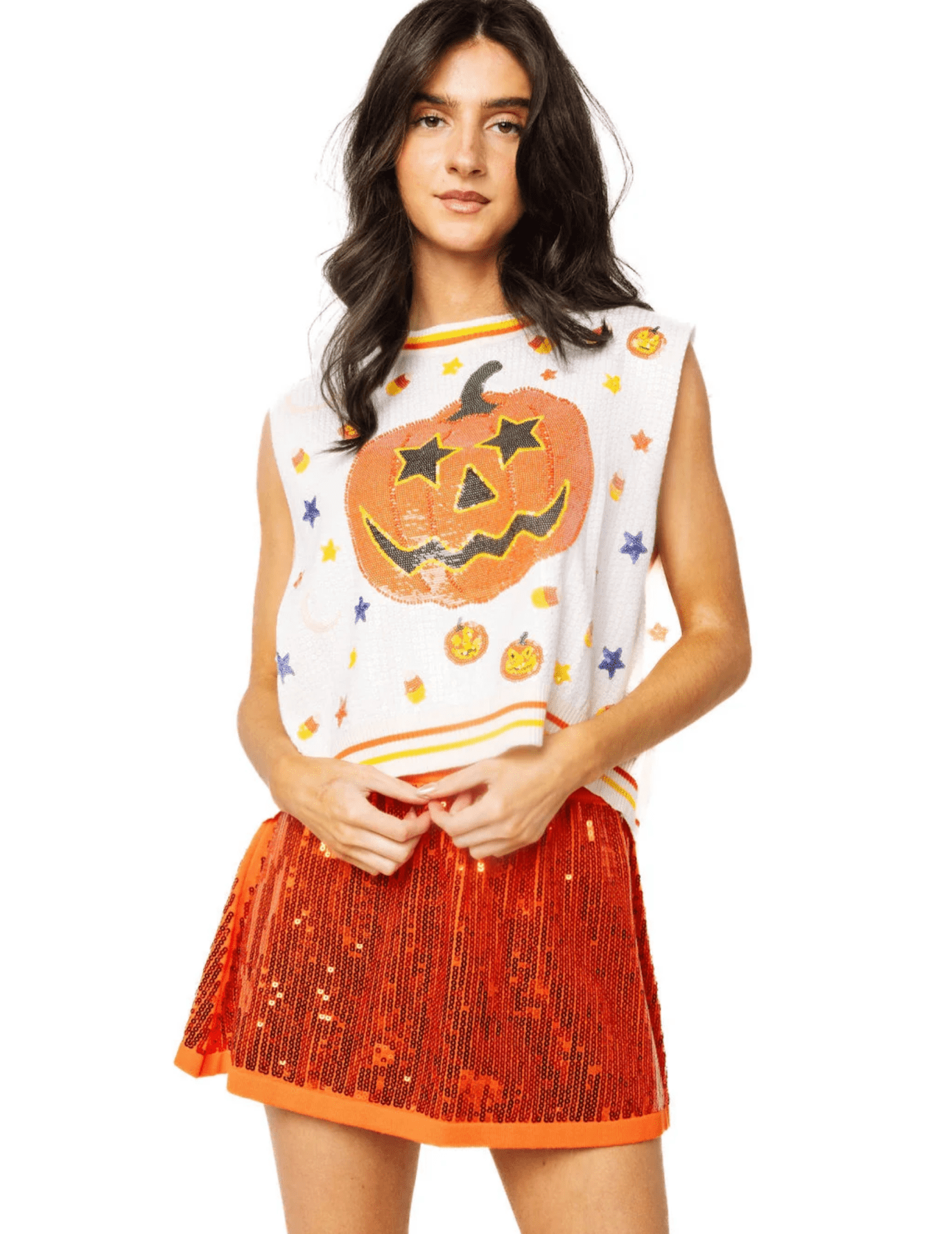 White Full Sequin Pumpkin & Small Icon VestWomen - Tops - TanksQueen of SparklesThe Printed Peach Savannah