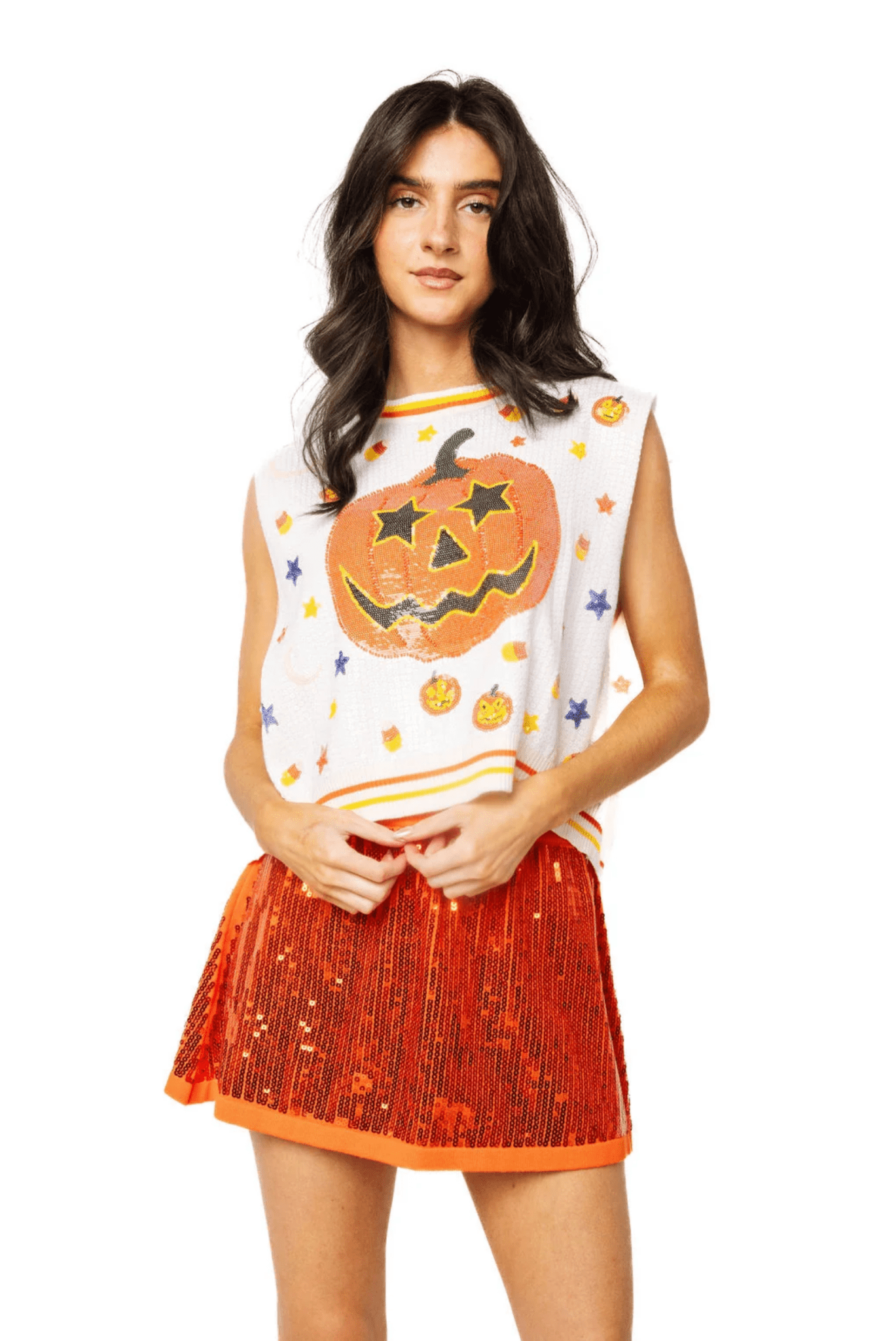 White Full Sequin Pumpkin & Small Icon VestWomen - Tops - TanksQueen of SparklesThe Printed Peach Savannah