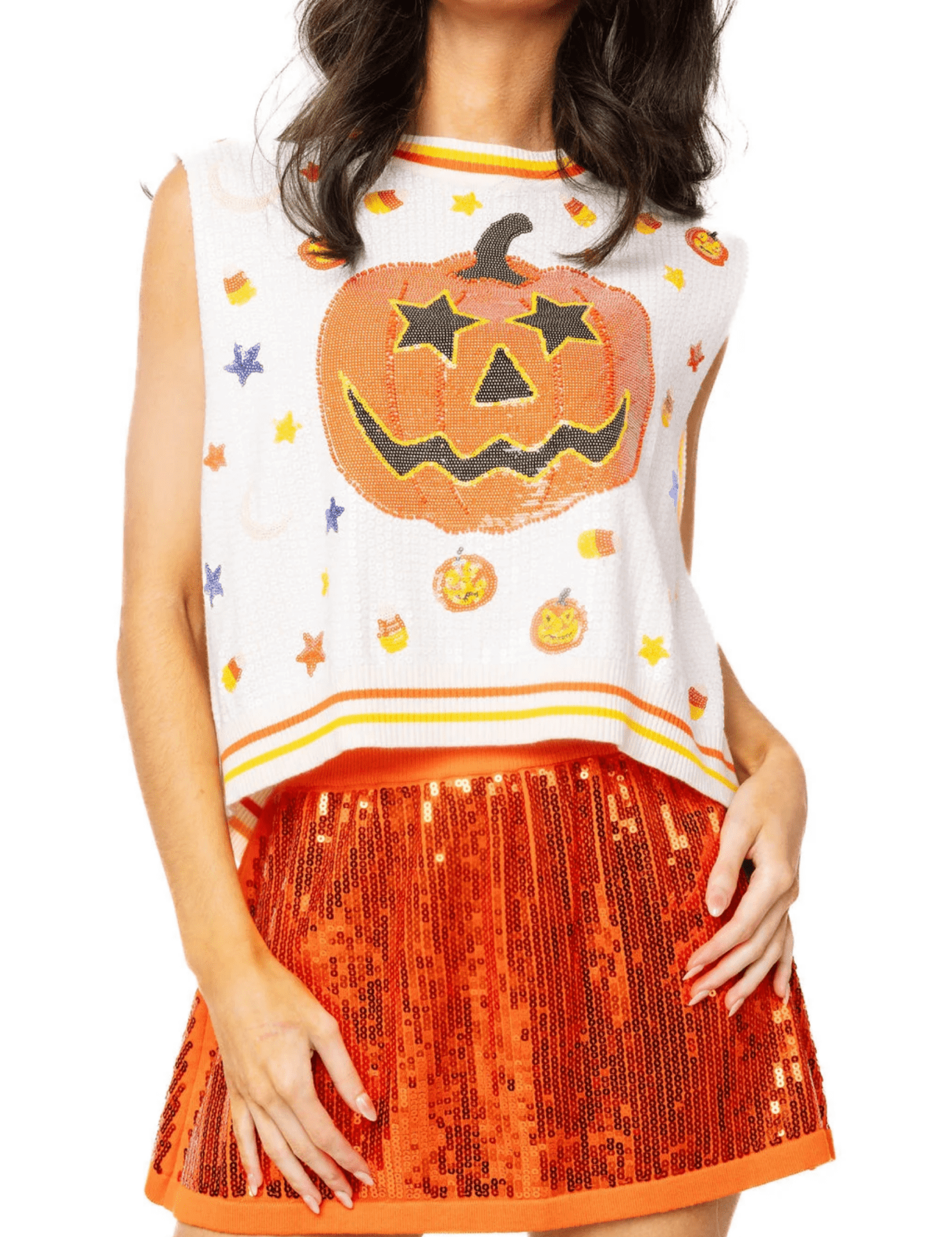 White Full Sequin Pumpkin & Small Icon VestWomen - Tops - TanksQueen of SparklesThe Printed Peach Savannah