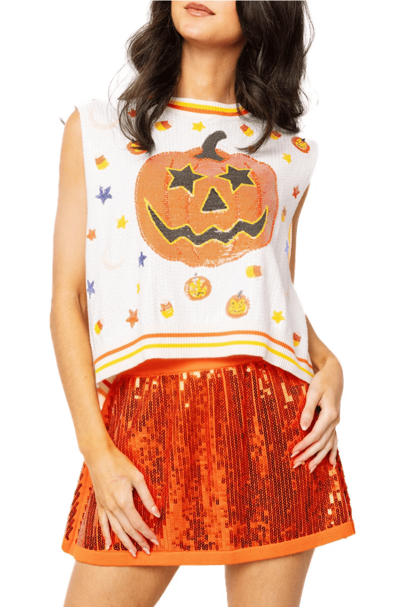 White Full Sequin Pumpkin & Small Icon VestWomen - Tops - TanksQueen of SparklesThe Printed Peach Savannah