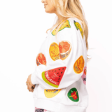White Multi Fruit Sticker SweatshirtWomen - Tops - Sweatshirts & PopoversQueen of SparklesThe Printed Peach Savannah