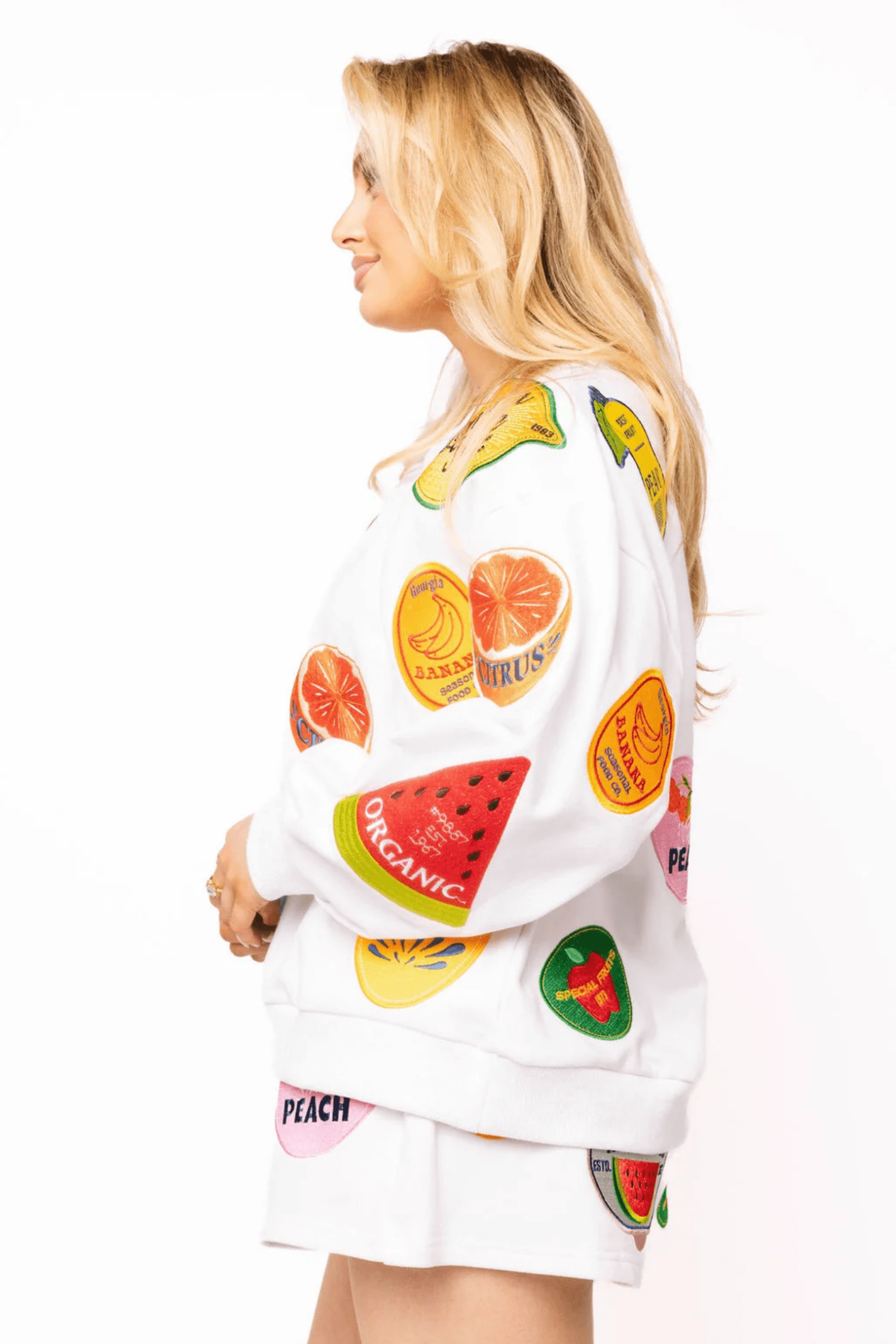 White Multi Fruit Sticker SweatshirtWomen - Tops - Sweatshirts & PopoversQueen of SparklesThe Printed Peach Savannah