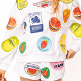 White Multi Fruit Sticker SweatshirtWomen - Tops - Sweatshirts & PopoversQueen of SparklesThe Printed Peach Savannah
