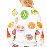 White Multi Fruit Sticker SweatshirtWomen - Tops - Sweatshirts & PopoversQueen of SparklesThe Printed Peach Savannah