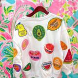 White Multi Fruit Sticker SweatshirtQueen of SparklesThe Printed Peach Savannah