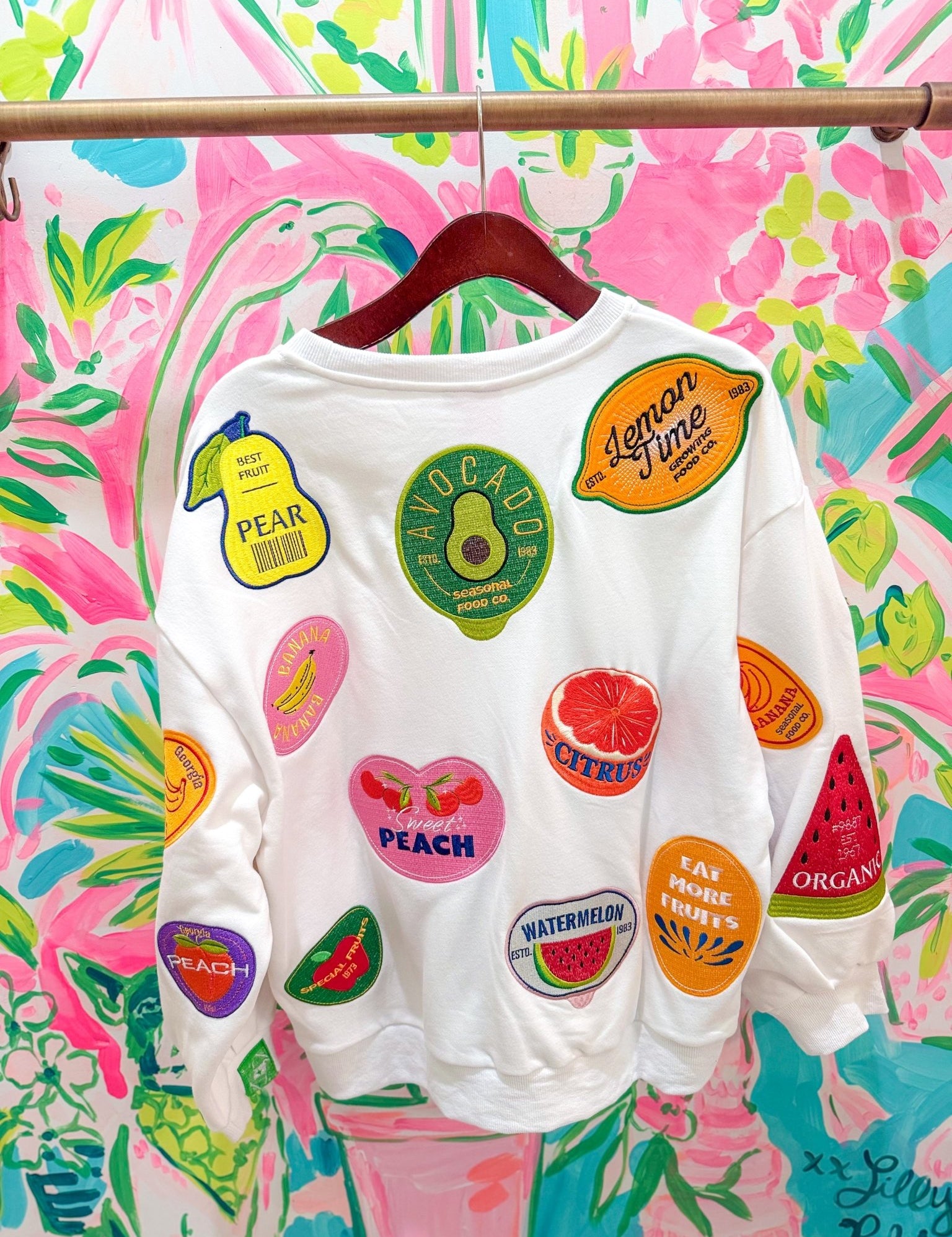 White Multi Fruit Sticker SweatshirtQueen of SparklesThe Printed Peach Savannah