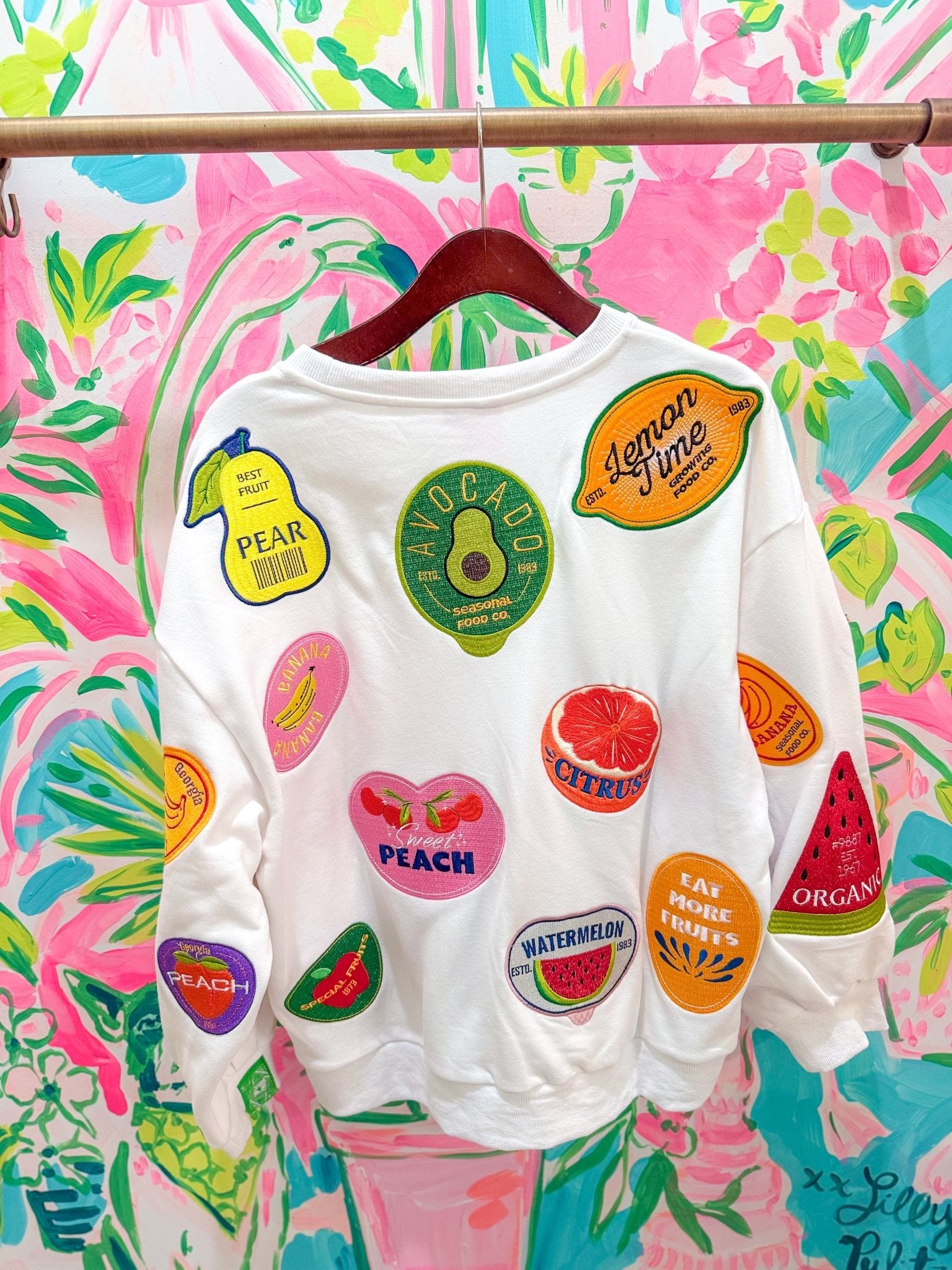 White Multi Fruit Sticker SweatshirtQueen of SparklesThe Printed Peach Savannah