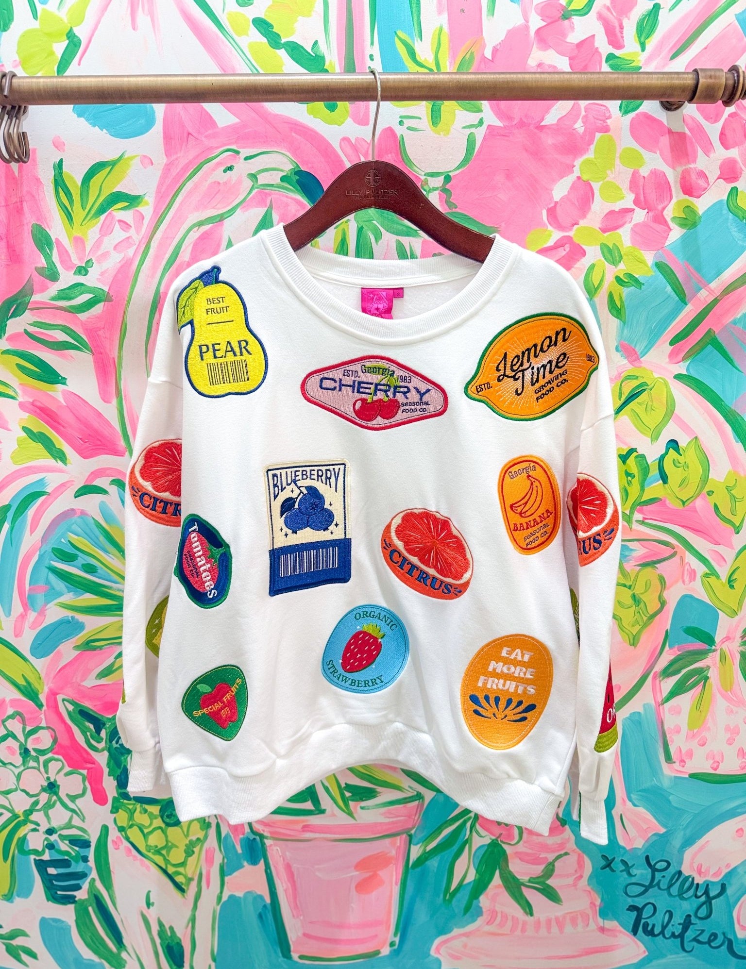 White Multi Fruit Sticker SweatshirtQueen of SparklesThe Printed Peach Savannah
