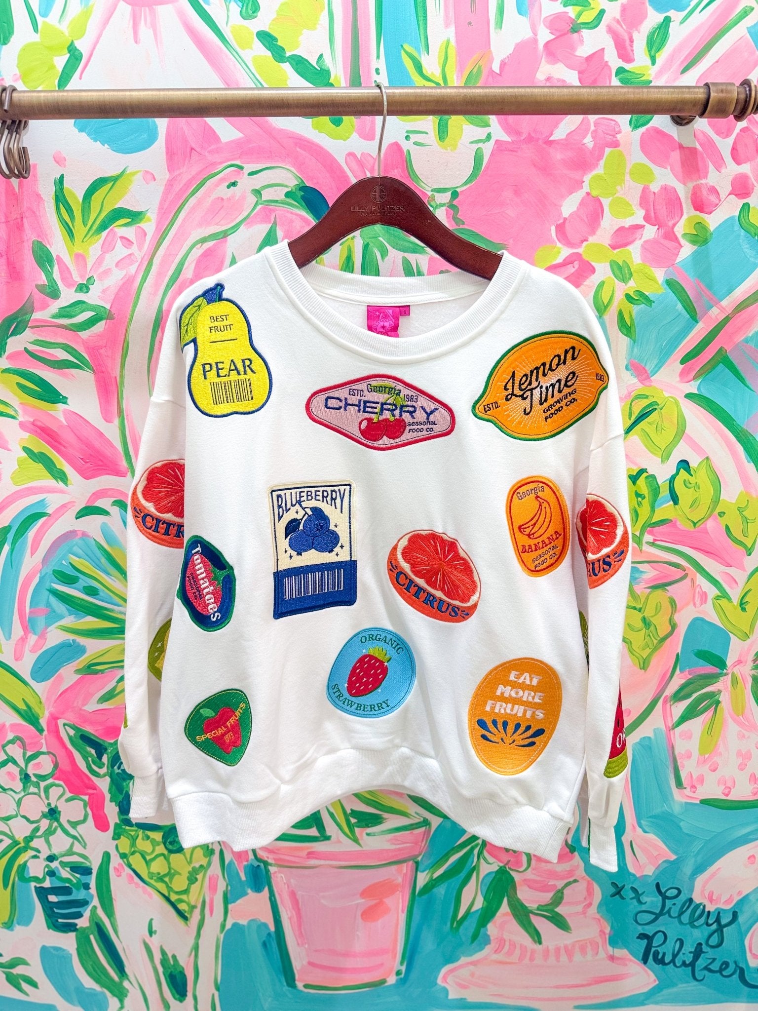 White Multi Fruit Sticker SweatshirtQueen of SparklesThe Printed Peach Savannah