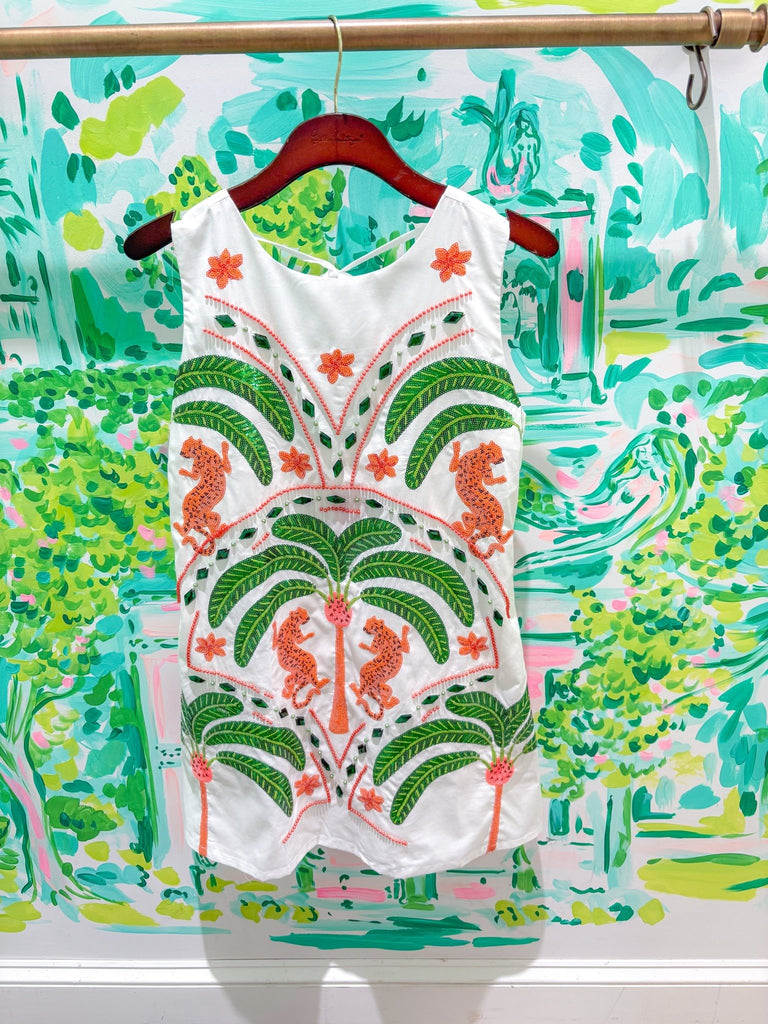 White Palm Tree & Jaguar Cotton Tank DressQueen of SparklesThe Printed Peach Savannah