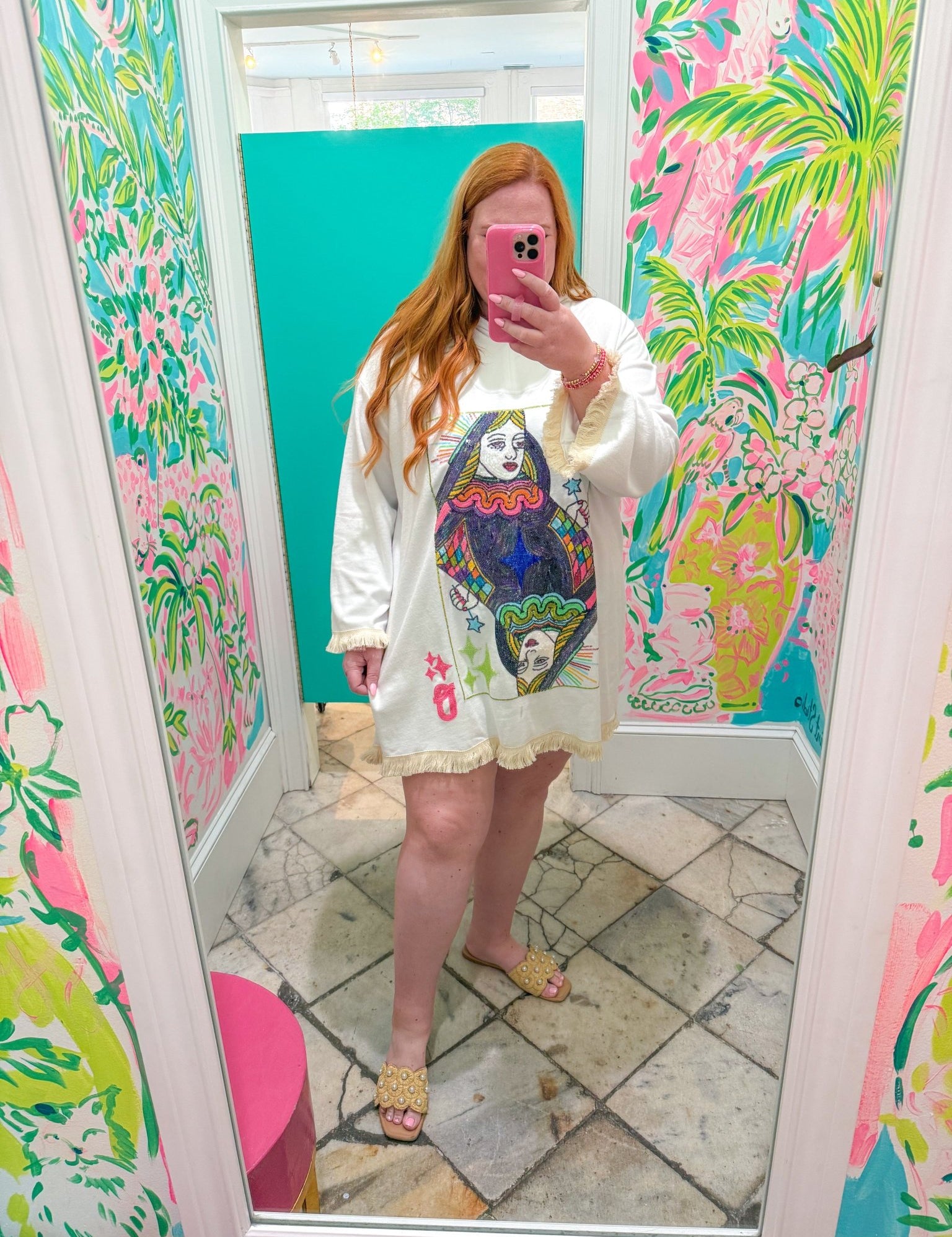 White QOS Card Terry Cloth Zip CoverupQueen of SparklesThe Printed Peach Savannah