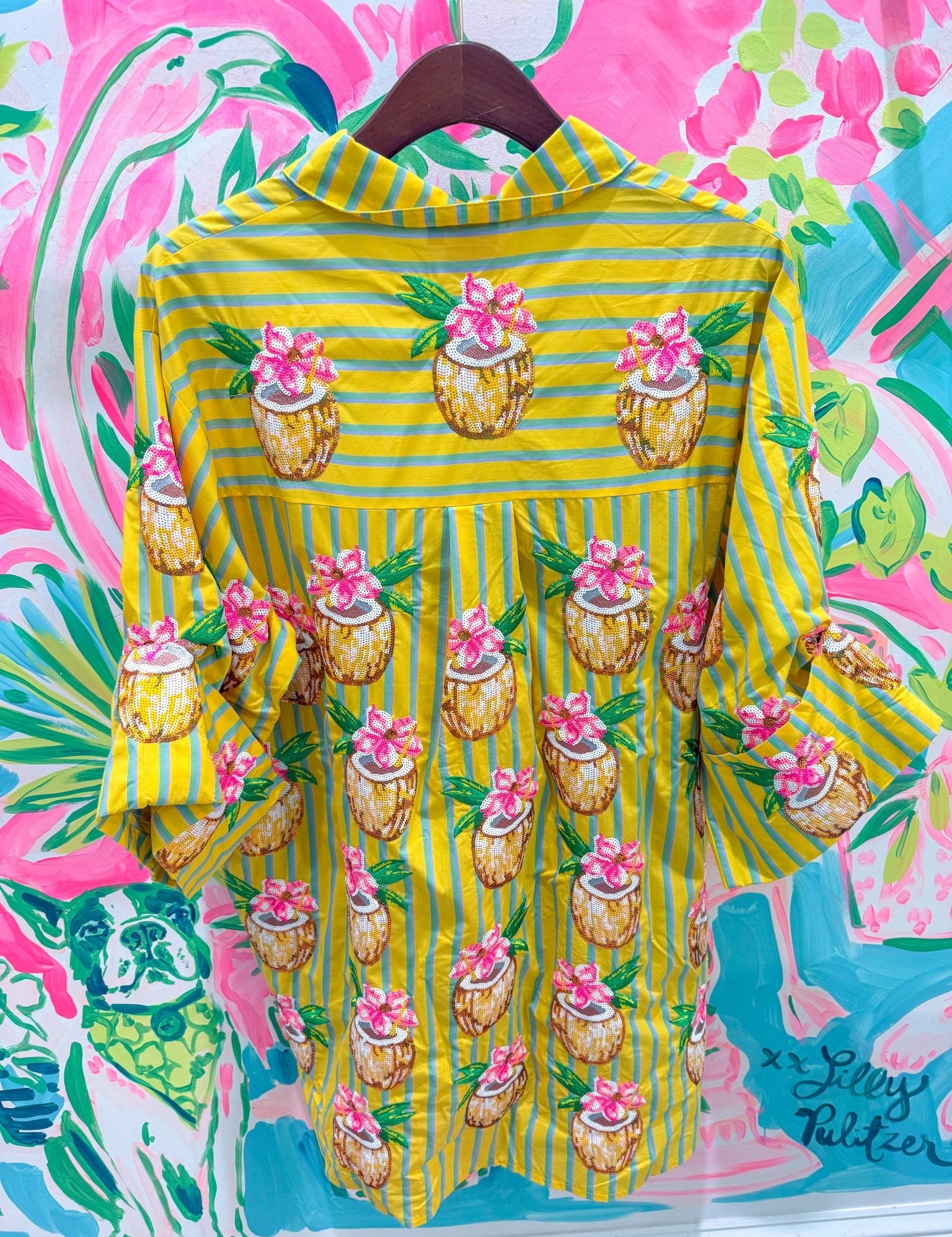Yellow Striped Coconut Drink Button Up Cotton TunicQueen of SparklesThe Printed Peach Savannah