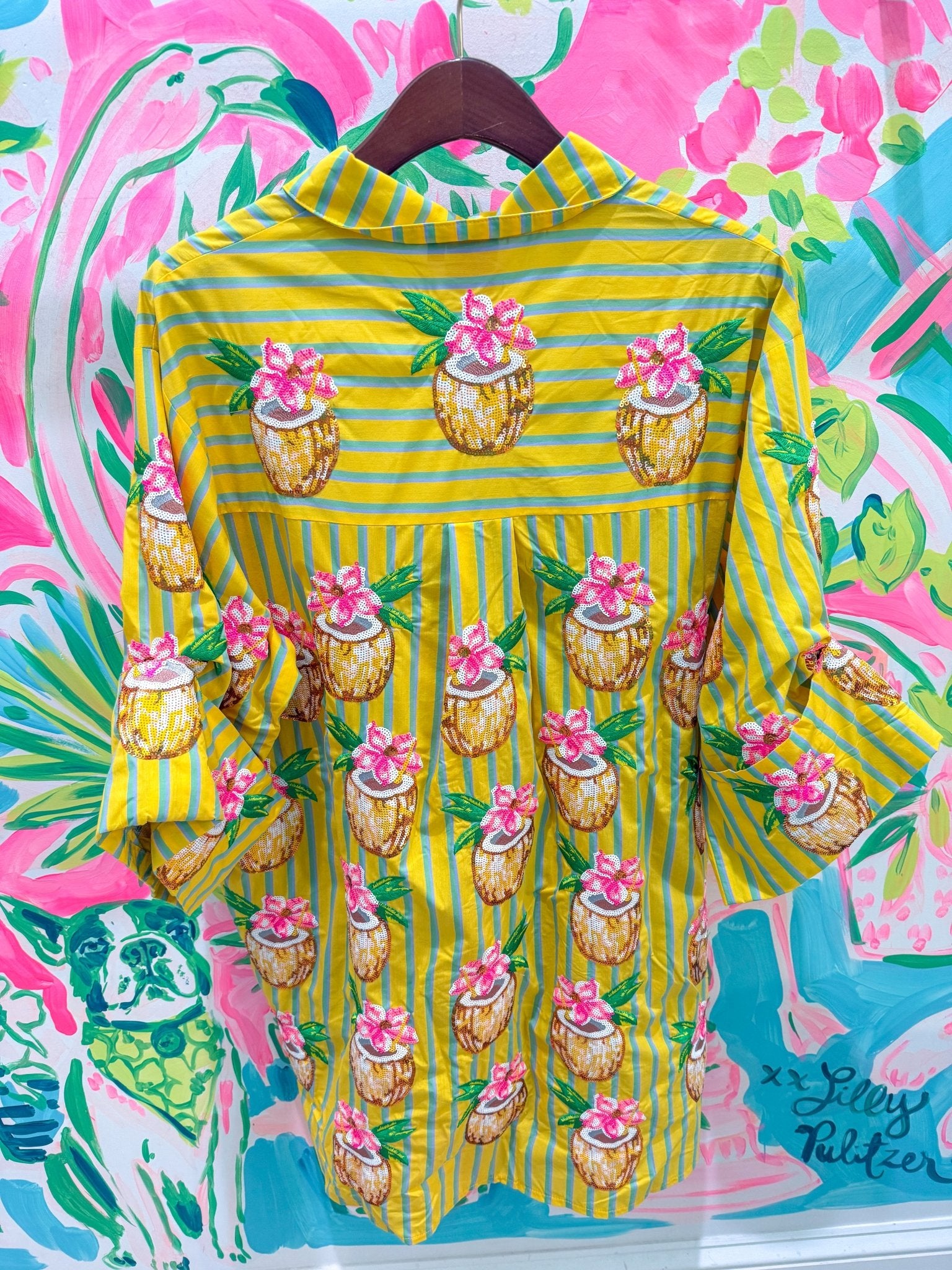 Yellow Striped Coconut Drink Button Up Cotton TunicQueen of SparklesThe Printed Peach Savannah