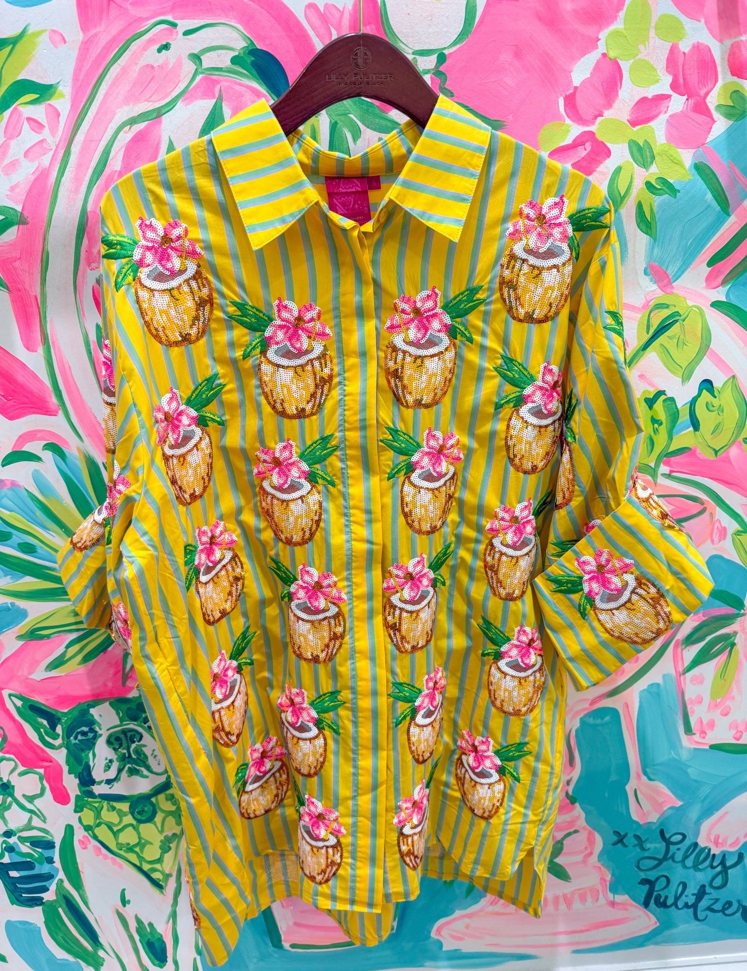Yellow Striped Coconut Drink Button Up Cotton TunicQueen of SparklesThe Printed Peach Savannah