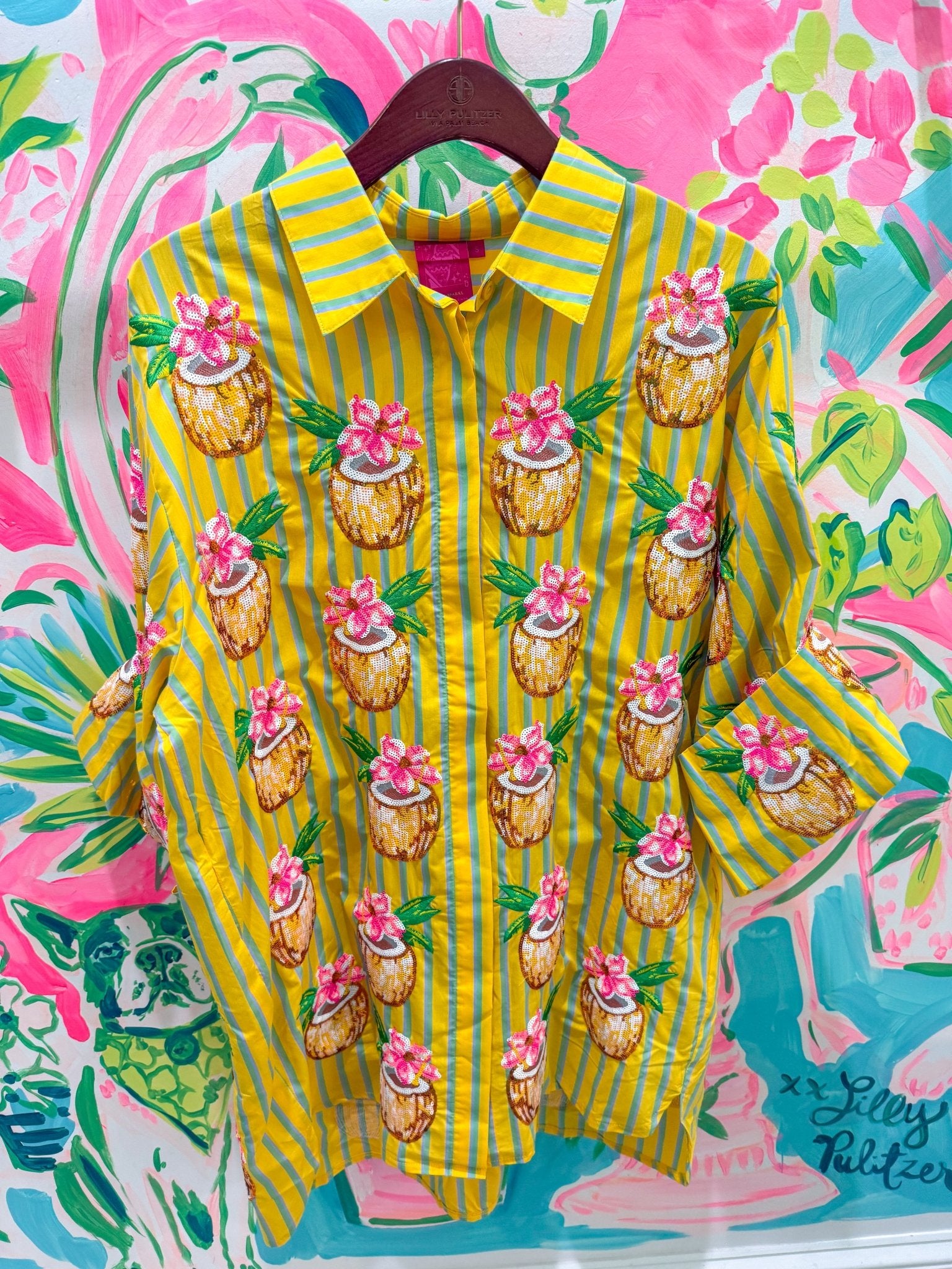 Yellow Striped Coconut Drink Button Up Cotton TunicQueen of SparklesThe Printed Peach Savannah